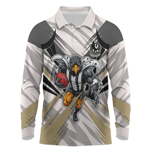 Collingwood Magpies Australian Football Long Sleeve Polo Shirt Powerful Muscle Mascot - Bold Team Colors