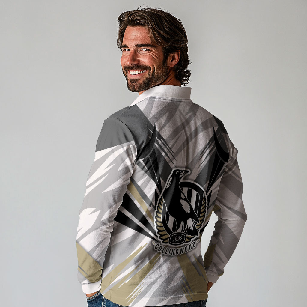 Collingwood Magpies Australian Football Long Sleeve Polo Shirt Powerful Muscle Mascot - Bold Team Colors
