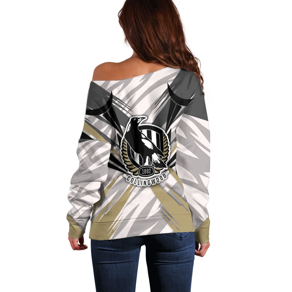 Collingwood Magpies Australian Football Off Shoulder Sweater Powerful Muscle Mascot - Bold Team Colors