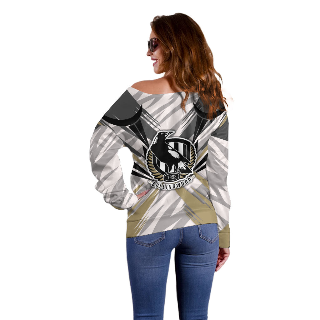 Collingwood Magpies Australian Football Off Shoulder Sweater Powerful Muscle Mascot - Bold Team Colors