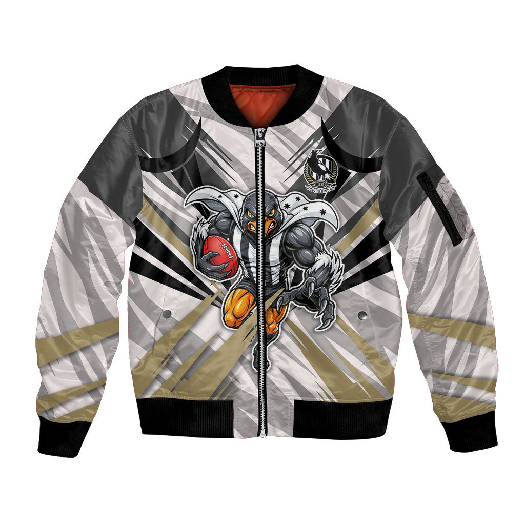 Collingwood Magpies Australian Football Sleeve Zip Bomber Jacket Powerful Muscle Mascot - Bold Team Colors