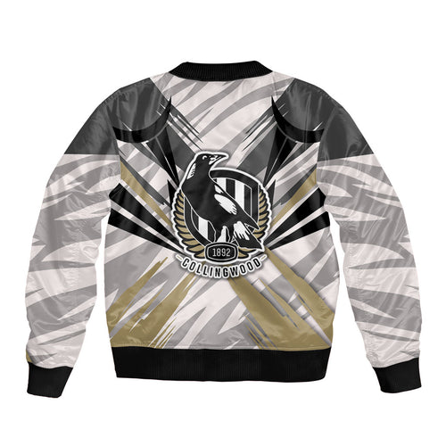 Collingwood Magpies Australian Football Sleeve Zip Bomber Jacket Powerful Muscle Mascot - Bold Team Colors