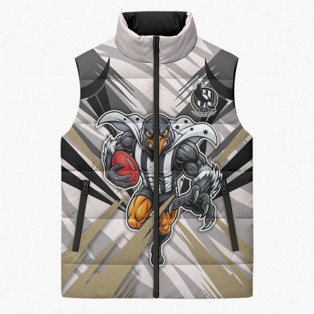 Collingwood Magpies Australian Football Sleeveless Puffer Jacket Powerful Muscle Mascot - Bold Team Colors