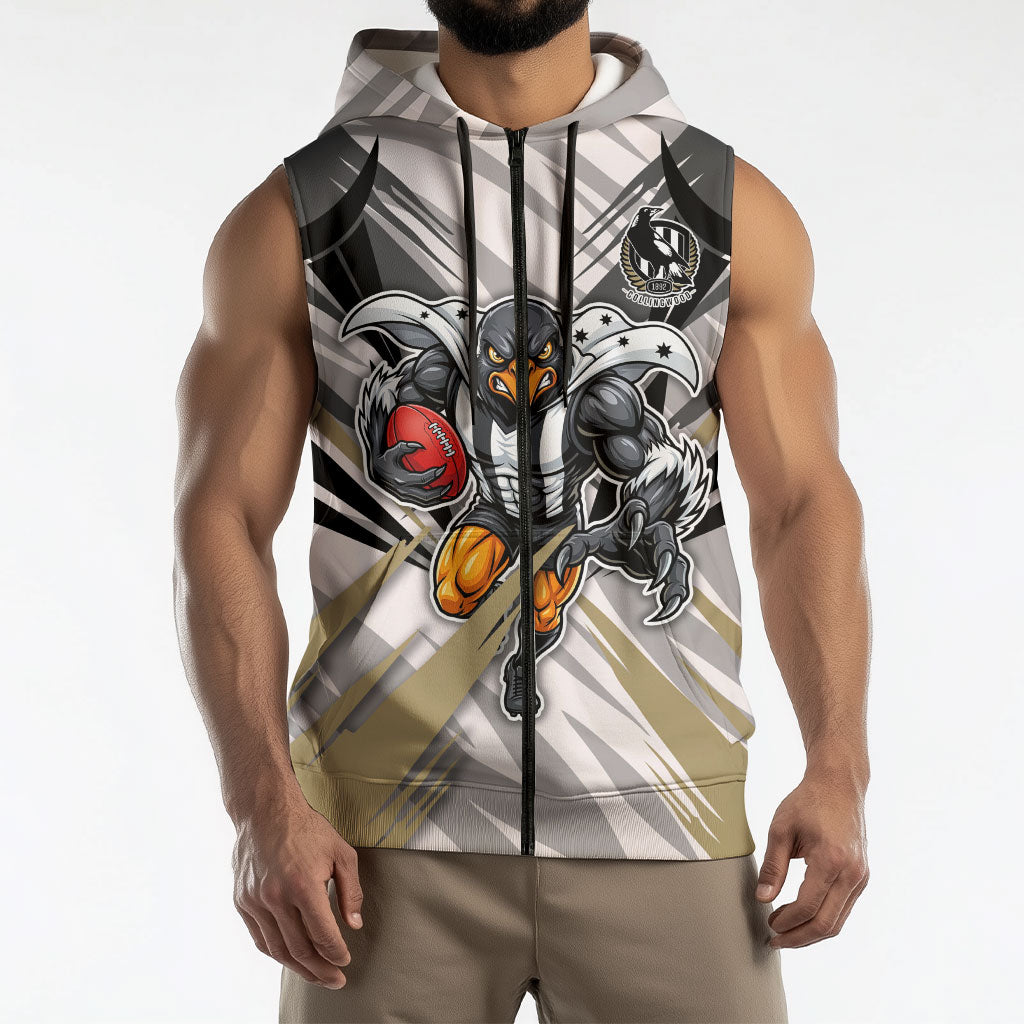 Collingwood Magpies Australian Football Sleeveless Zip Hoodie Powerful Muscle Mascot - Bold Team Colors