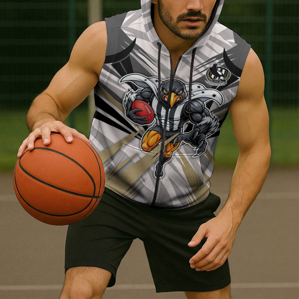 Collingwood Magpies Australian Football Sleeveless Zip Hoodie Powerful Muscle Mascot - Bold Team Colors