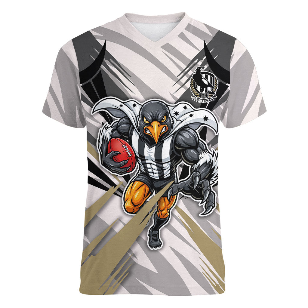 Collingwood Magpies Australian Football Women V-Neck T-Shirt Powerful Muscle Mascot - Bold Team Colors