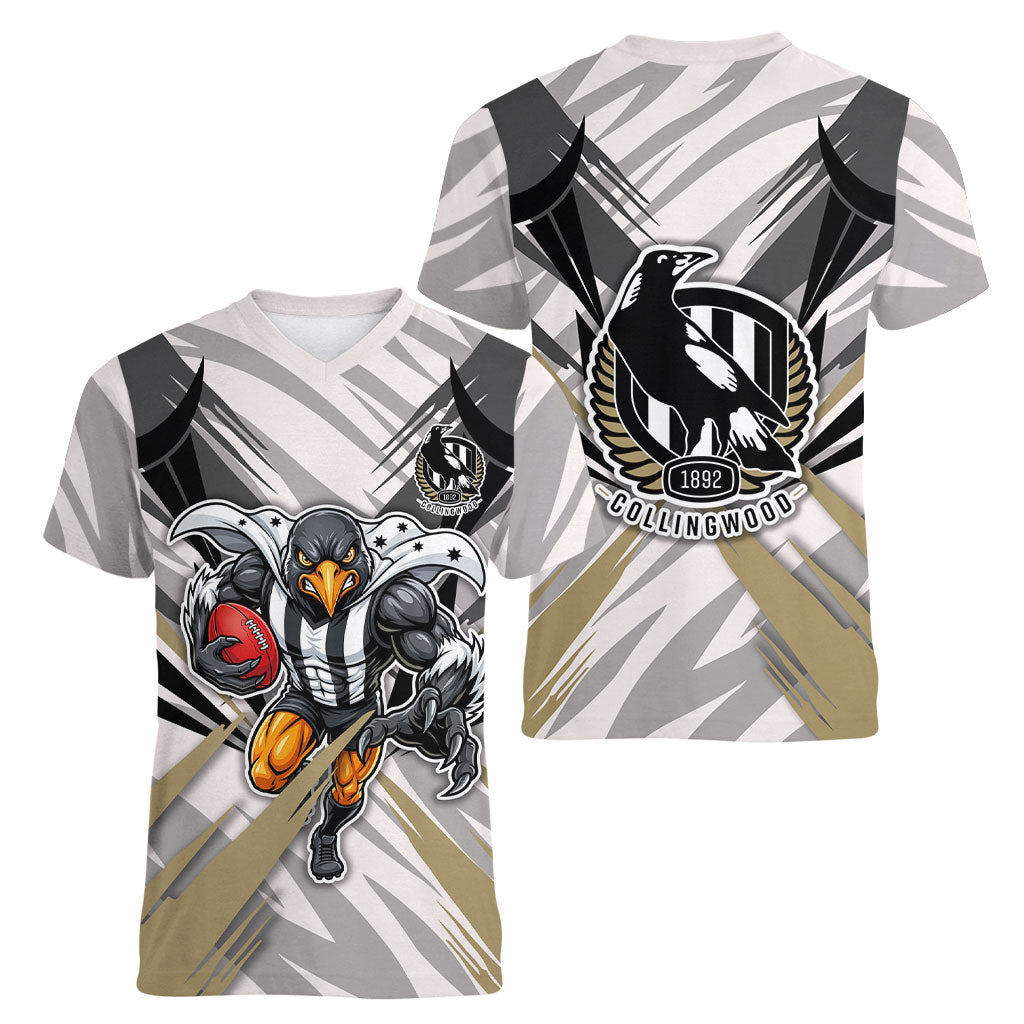 Collingwood Magpies Australian Football Women V-Neck T-Shirt Powerful Muscle Mascot - Bold Team Colors