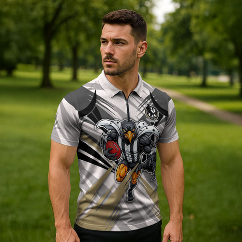 Collingwood Magpies Australian Football Zipper Polo Shirt Powerful Muscle Mascot - Bold Team Colors