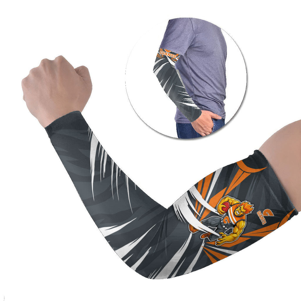 Greater Western Sydney Giants Australian Football Arm Sleeves Powerful Muscle Mascot With Geometric Sunburst Motion Art