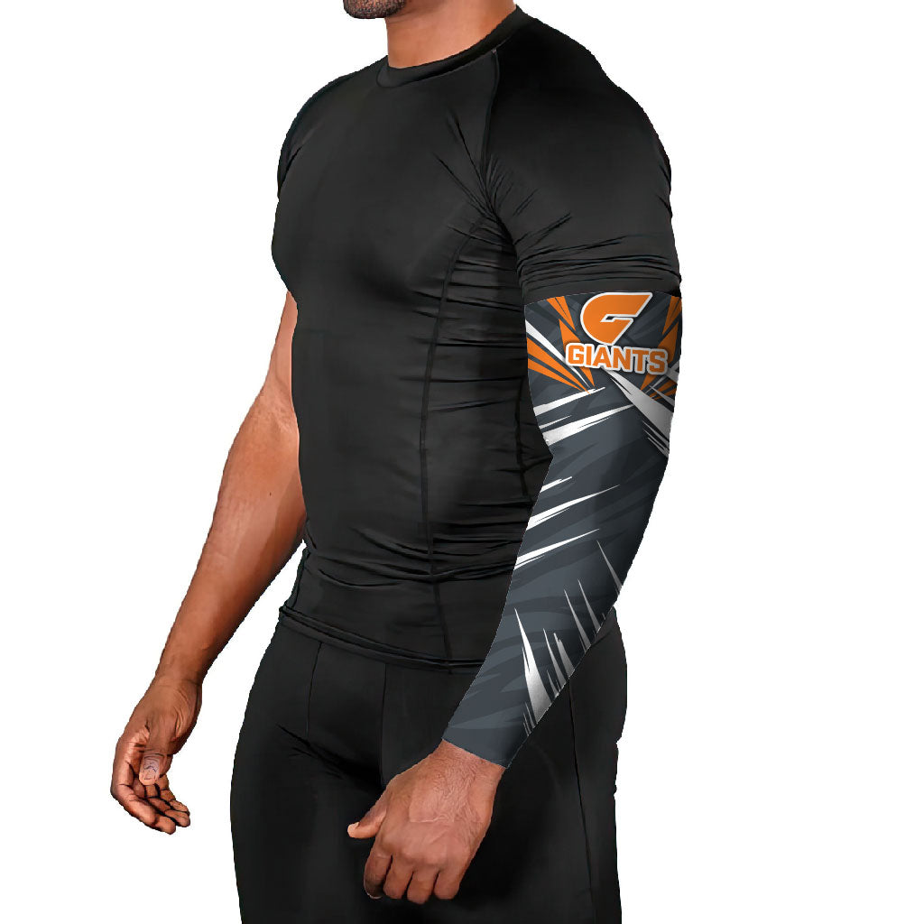 Greater Western Sydney Giants Australian Football Arm Sleeves Powerful Muscle Mascot With Geometric Sunburst Motion Art