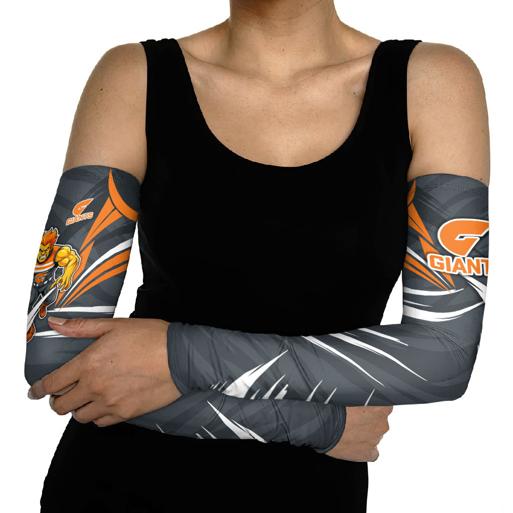 Greater Western Sydney Giants Australian Football Arm Sleeves Powerful Muscle Mascot With Geometric Sunburst Motion Art