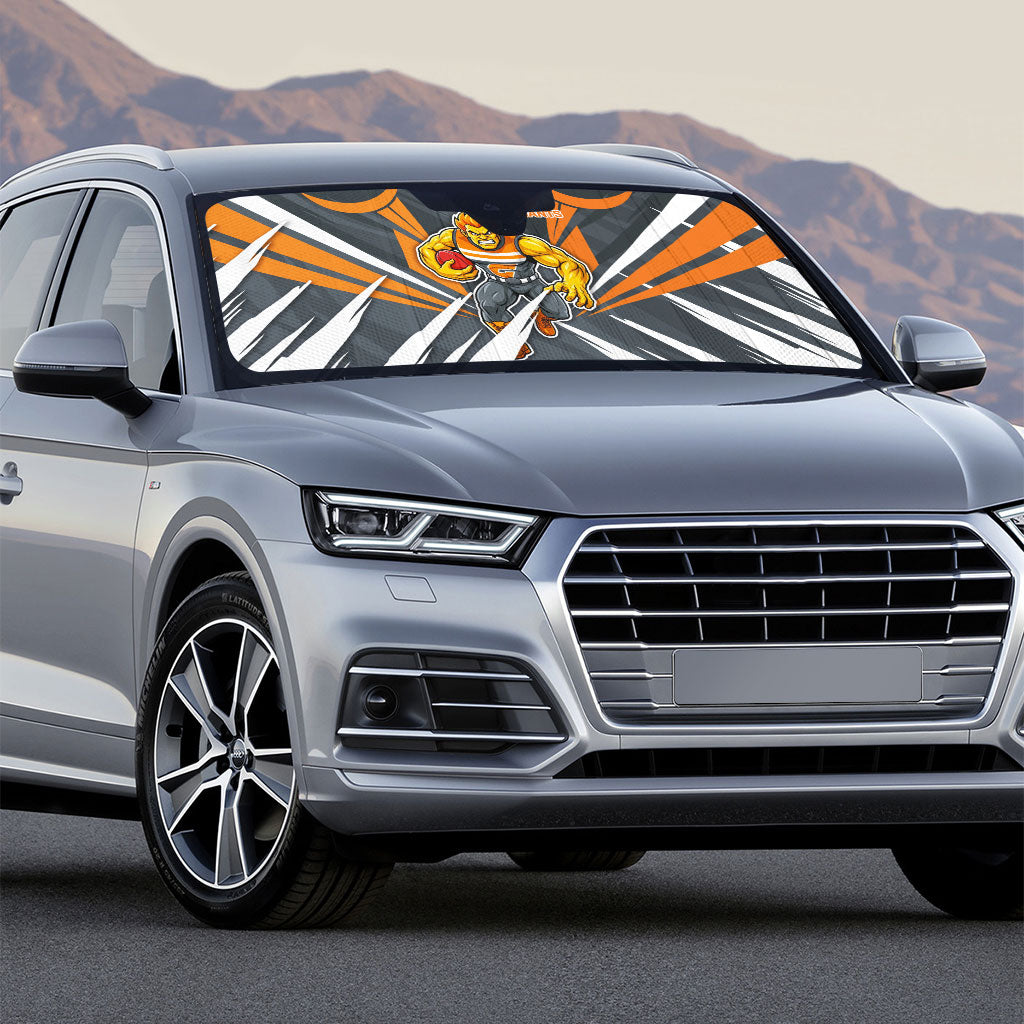 Greater Western Sydney Giants Australian Football Auto Sun Shade Powerful Muscle Mascot With Geometric Sunburst Motion Art