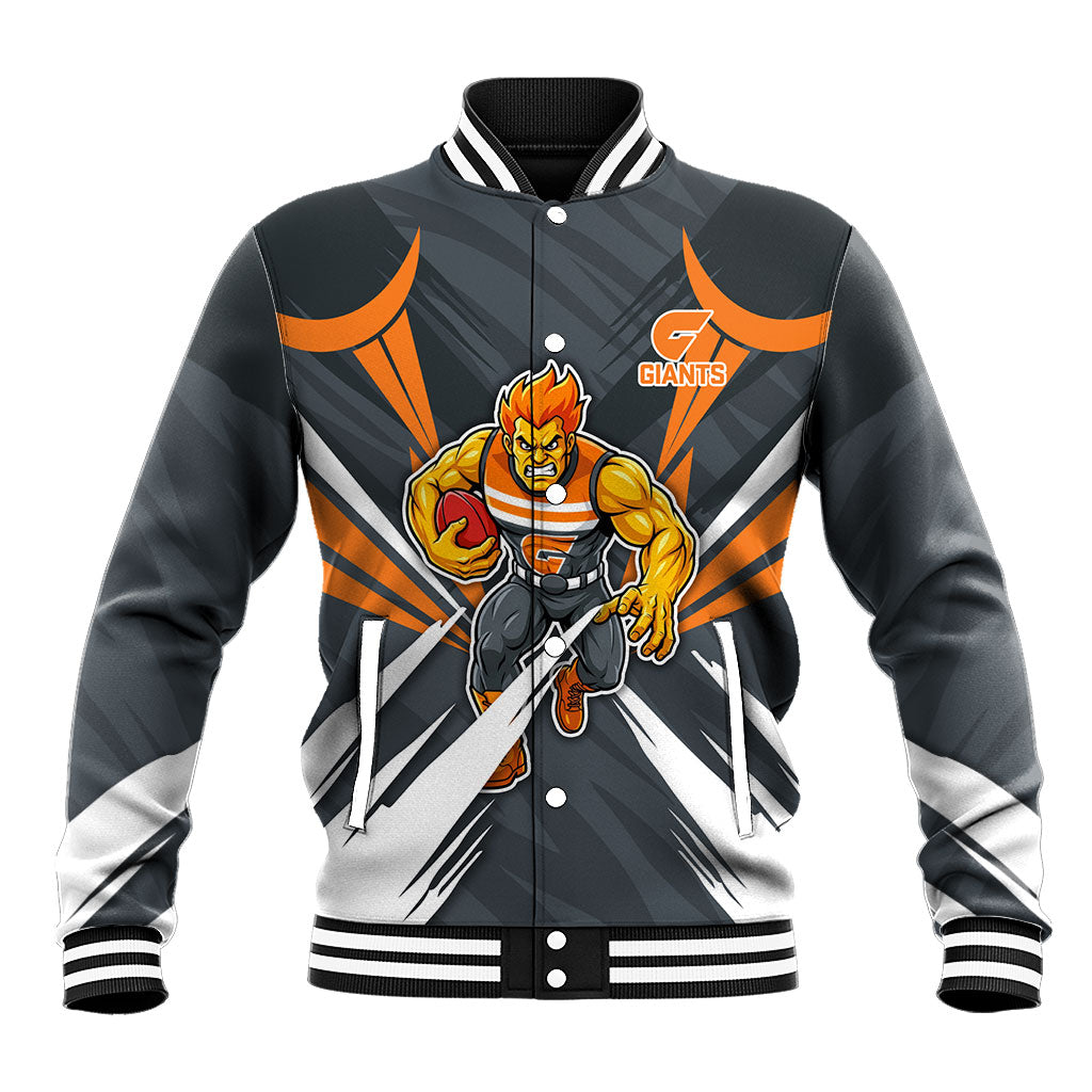 Greater Western Sydney Giants Australian Football Baseball Jacket Powerful Muscle Mascot With Geometric Sunburst Motion Art