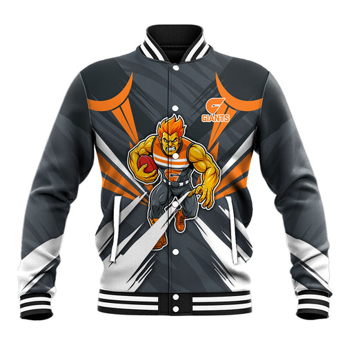 Greater Western Sydney Giants Australian Football Baseball Jacket Powerful Muscle Mascot With Geometric Sunburst Motion Art