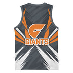 Greater Western Sydney Giants Australian Football Basketball Jersey Powerful Muscle Mascot With Geometric Sunburst Motion Art