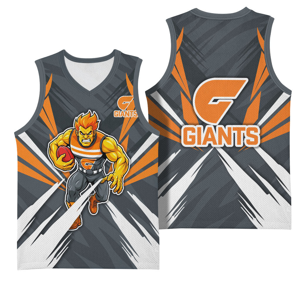 Greater Western Sydney Giants Australian Football Basketball Jersey Powerful Muscle Mascot With Geometric Sunburst Motion Art