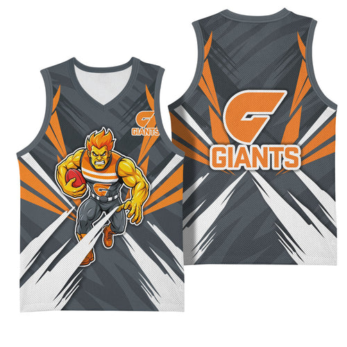 Greater Western Sydney Giants Australian Football Basketball Jersey Powerful Muscle Mascot With Geometric Sunburst Motion Art