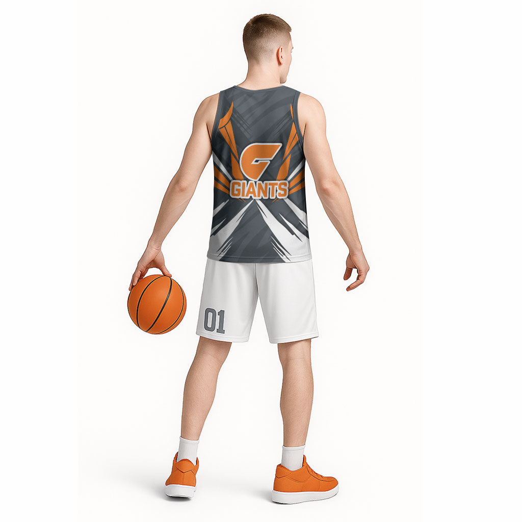 Greater Western Sydney Giants Australian Football Basketball Jersey Powerful Muscle Mascot With Geometric Sunburst Motion Art
