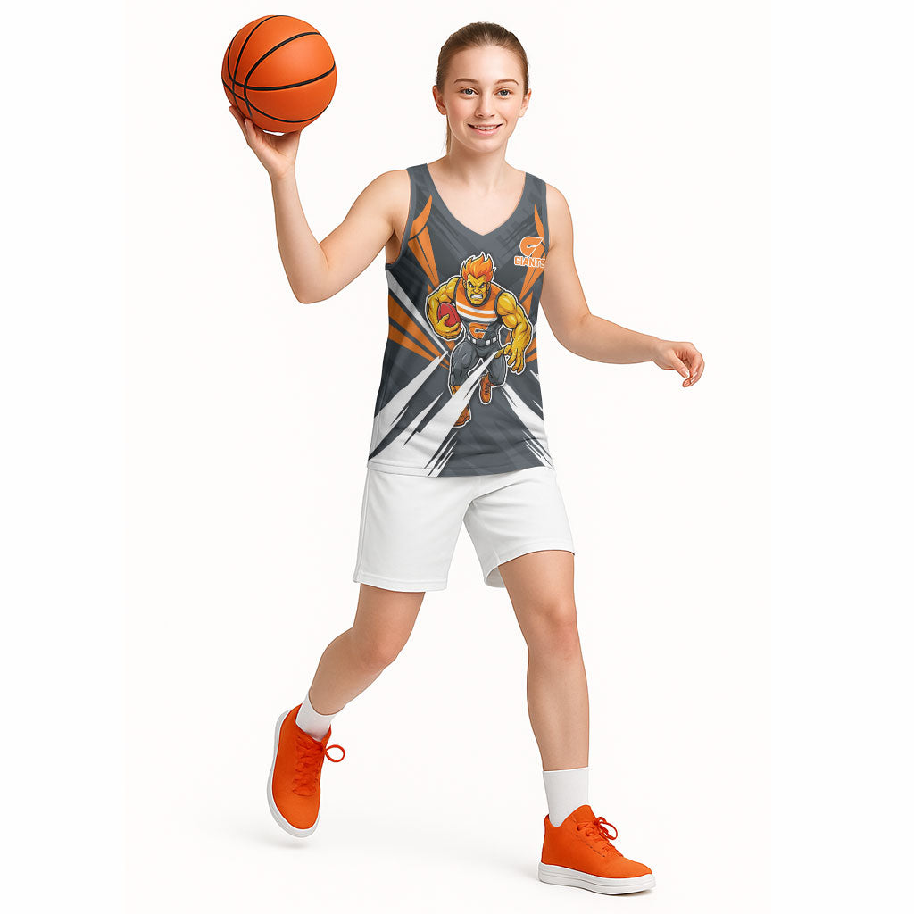 Greater Western Sydney Giants Australian Football Basketball Jersey Powerful Muscle Mascot With Geometric Sunburst Motion Art