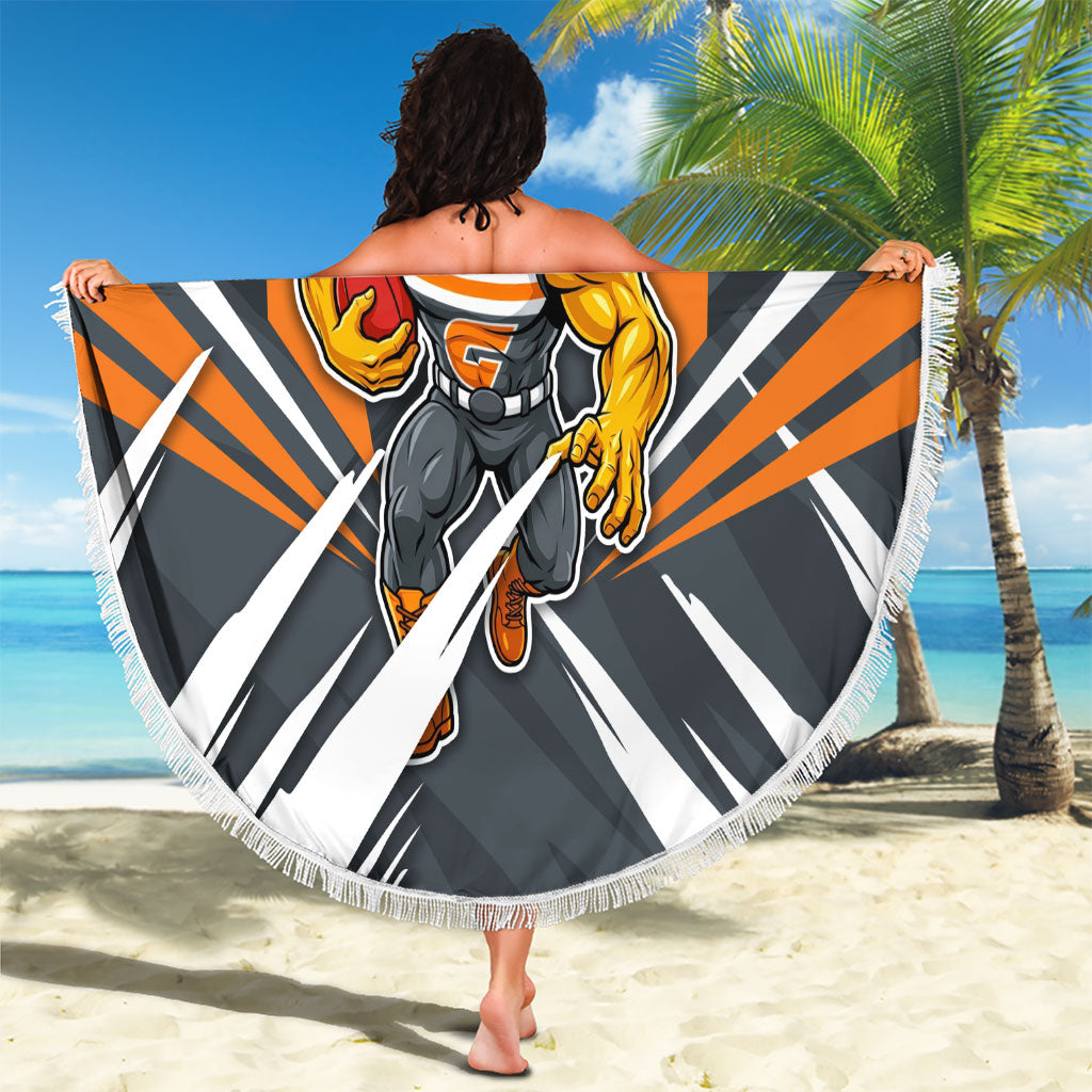 Greater Western Sydney Giants Australian Football Beach Blanket Powerful Muscle Mascot With Geometric Sunburst Motion Art