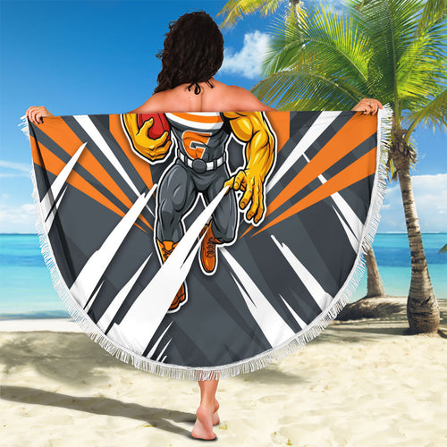 Greater Western Sydney Giants Australian Football Beach Blanket Powerful Muscle Mascot With Geometric Sunburst Motion Art