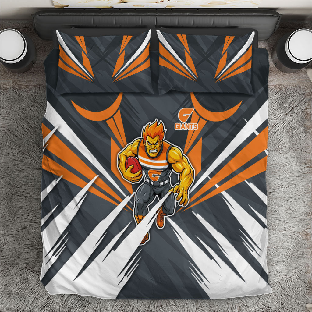 Greater Western Sydney Giants Australian Football Bedding Set Powerful Muscle Mascot With Geometric Sunburst Motion Art