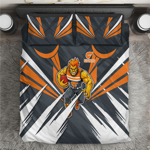 Greater Western Sydney Giants Australian Football Bedding Set Powerful Muscle Mascot With Geometric Sunburst Motion Art