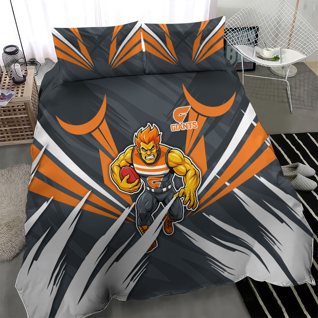 Greater Western Sydney Giants Australian Football Bedding Set Powerful Muscle Mascot With Geometric Sunburst Motion Art