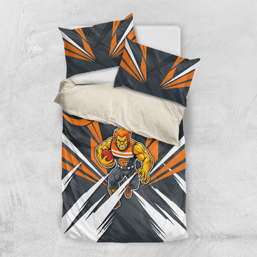 Greater Western Sydney Giants Australian Football Bedding Set Powerful Muscle Mascot With Geometric Sunburst Motion Art