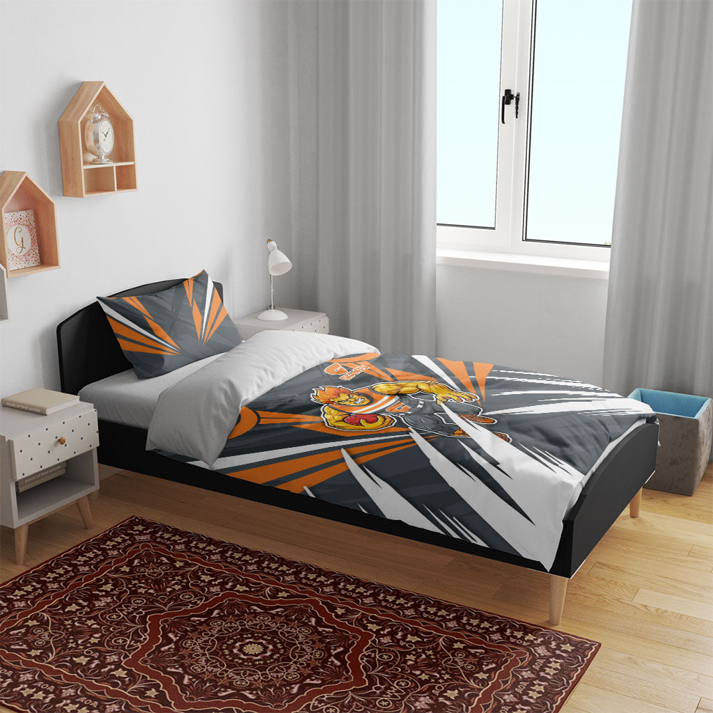 Greater Western Sydney Giants Australian Football Bedding Set Powerful Muscle Mascot With Geometric Sunburst Motion Art