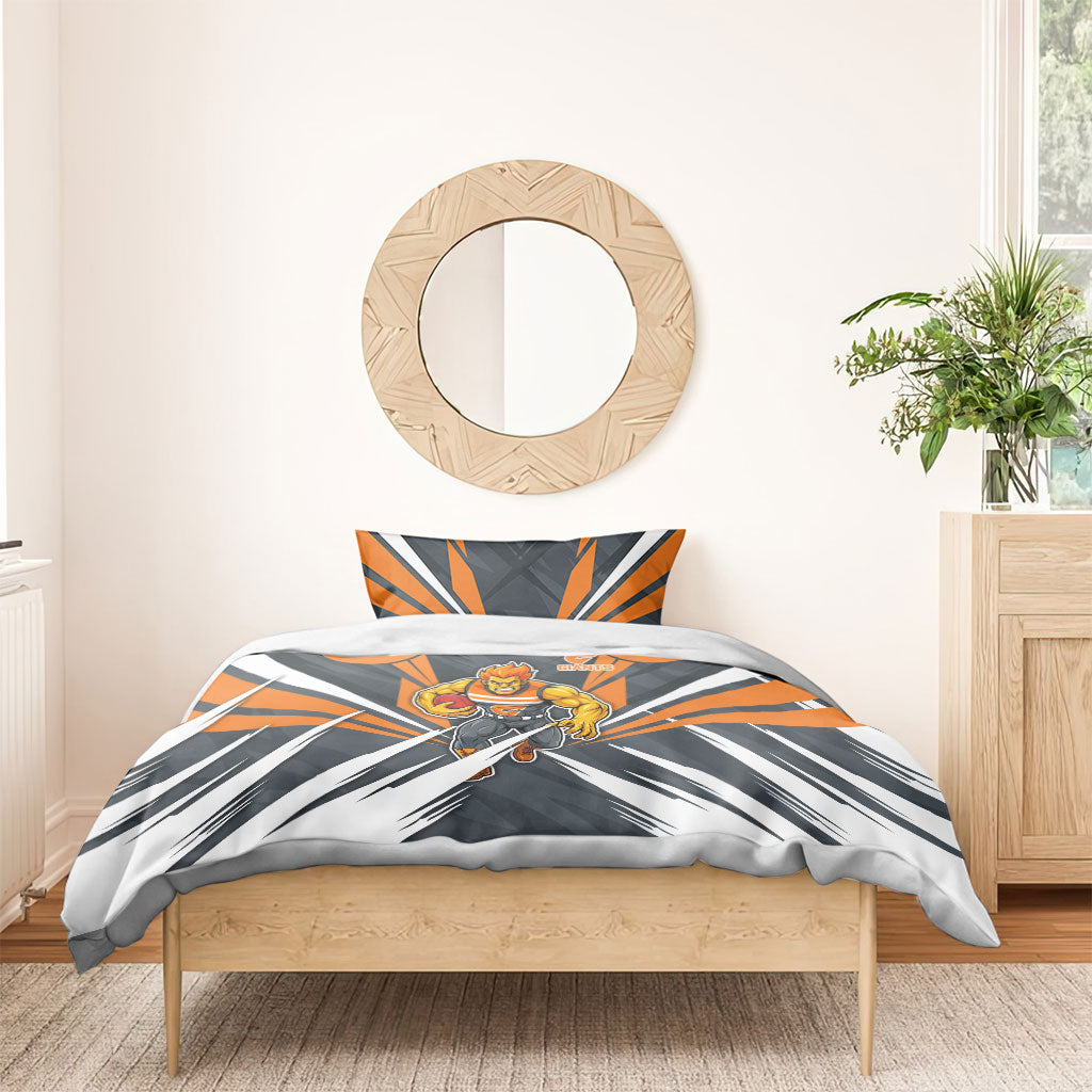 Greater Western Sydney Giants Australian Football Bedding Set Powerful Muscle Mascot With Geometric Sunburst Motion Art