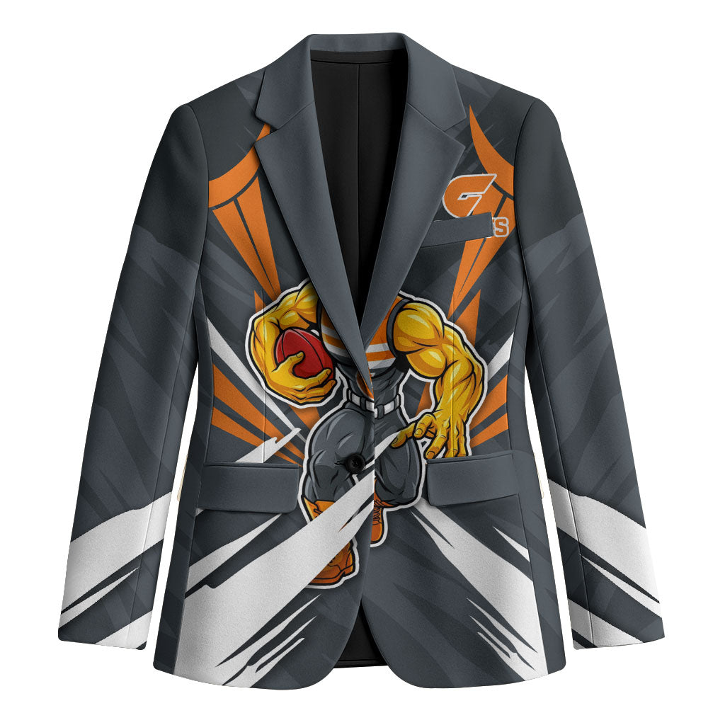 Greater Western Sydney Giants Australian Football Blazer Powerful Muscle Mascot With Geometric Sunburst Motion Art