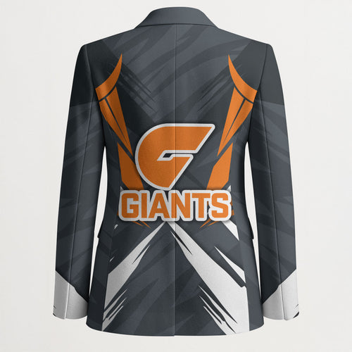 Greater Western Sydney Giants Australian Football Blazer Powerful Muscle Mascot With Geometric Sunburst Motion Art