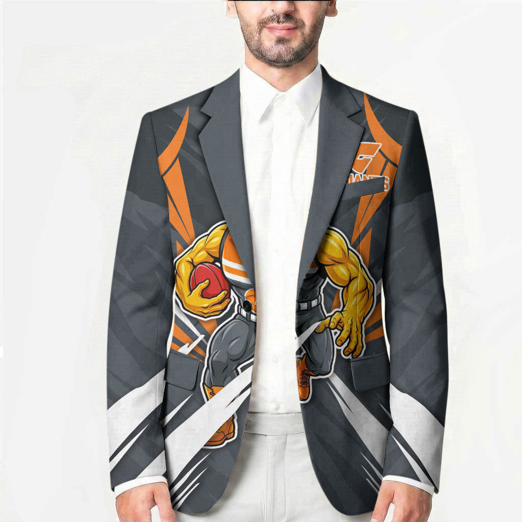 Greater Western Sydney Giants Australian Football Blazer Powerful Muscle Mascot With Geometric Sunburst Motion Art