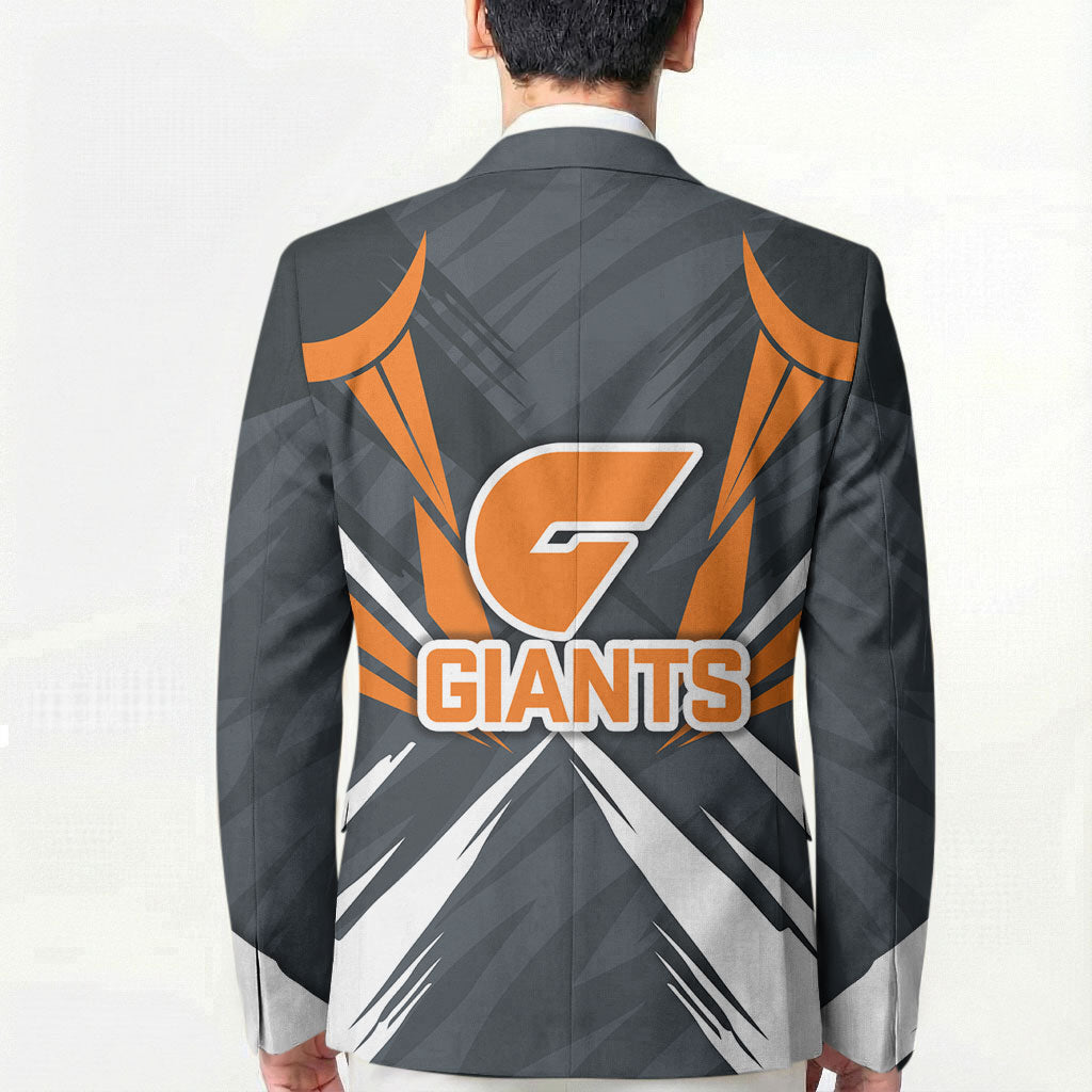 Greater Western Sydney Giants Australian Football Blazer Powerful Muscle Mascot With Geometric Sunburst Motion Art