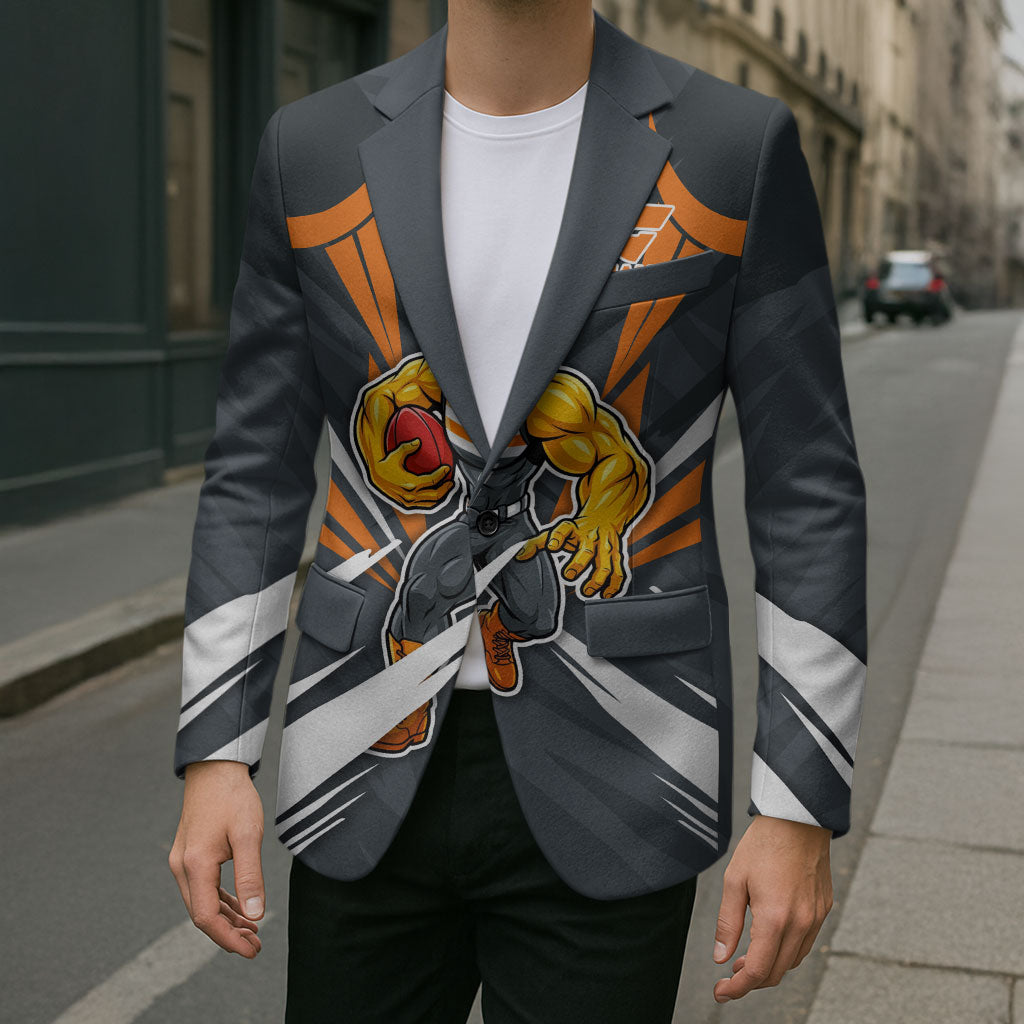 Greater Western Sydney Giants Australian Football Blazer Powerful Muscle Mascot With Geometric Sunburst Motion Art