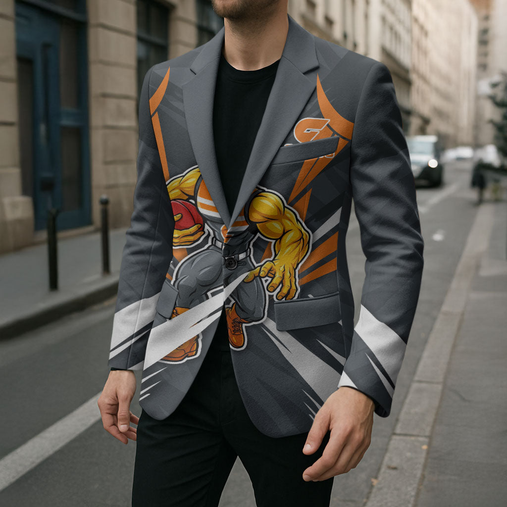Greater Western Sydney Giants Australian Football Blazer Powerful Muscle Mascot With Geometric Sunburst Motion Art
