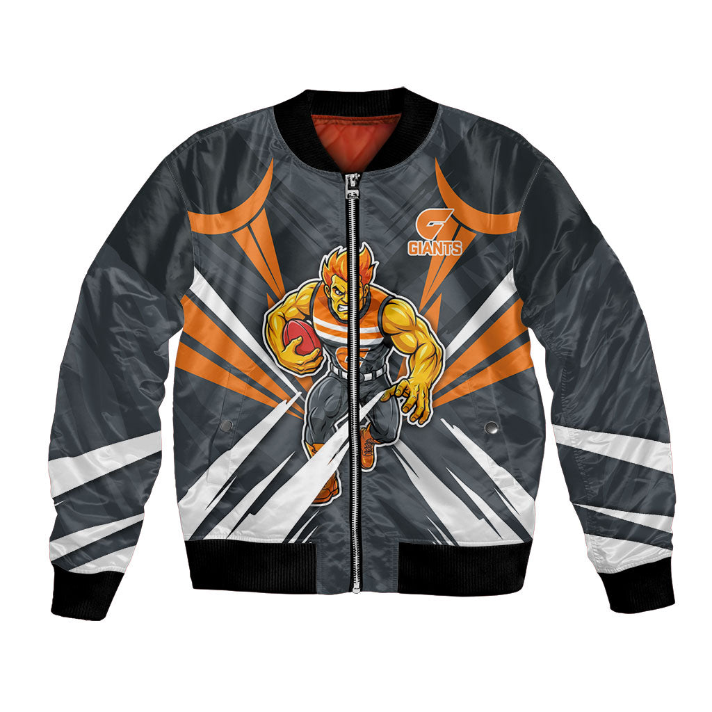 Greater Western Sydney Giants Australian Football Bomber Jacket Powerful Muscle Mascot With Geometric Sunburst Motion Art