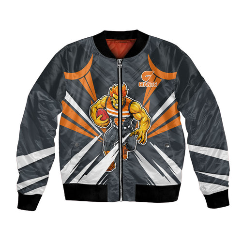 Greater Western Sydney Giants Australian Football Bomber Jacket Powerful Muscle Mascot With Geometric Sunburst Motion Art