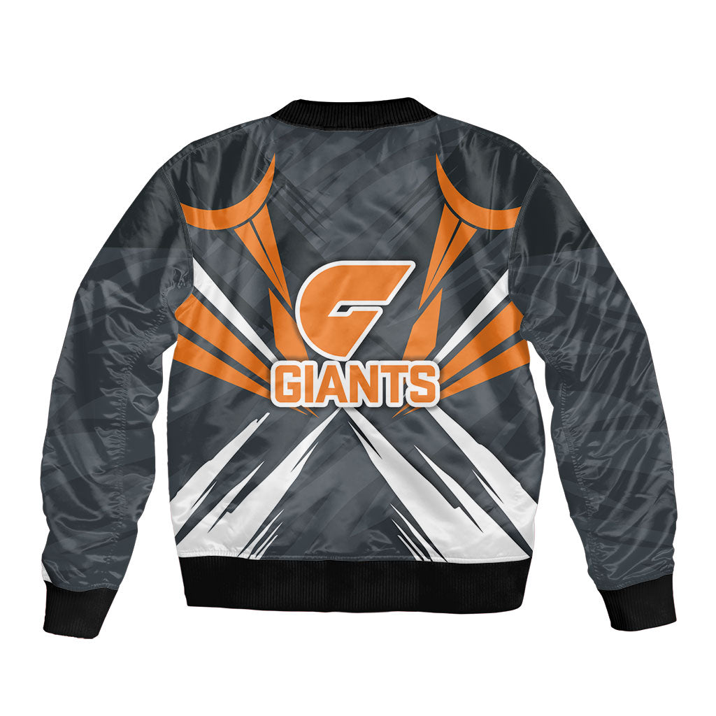 Greater Western Sydney Giants Australian Football Bomber Jacket Powerful Muscle Mascot With Geometric Sunburst Motion Art
