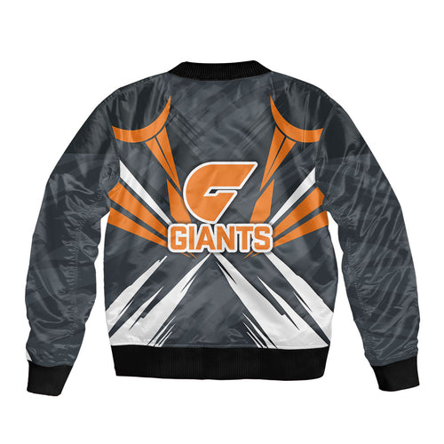 Greater Western Sydney Giants Australian Football Bomber Jacket Powerful Muscle Mascot With Geometric Sunburst Motion Art