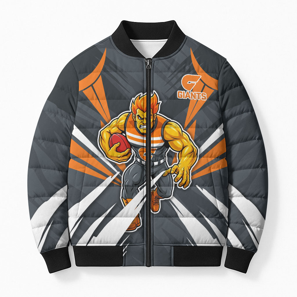 Greater Western Sydney Giants Australian Football Bomber Puffer Jacket Powerful Muscle Mascot With Geometric Sunburst Motion Art