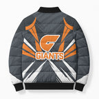 Greater Western Sydney Giants Australian Football Bomber Puffer Jacket Powerful Muscle Mascot With Geometric Sunburst Motion Art