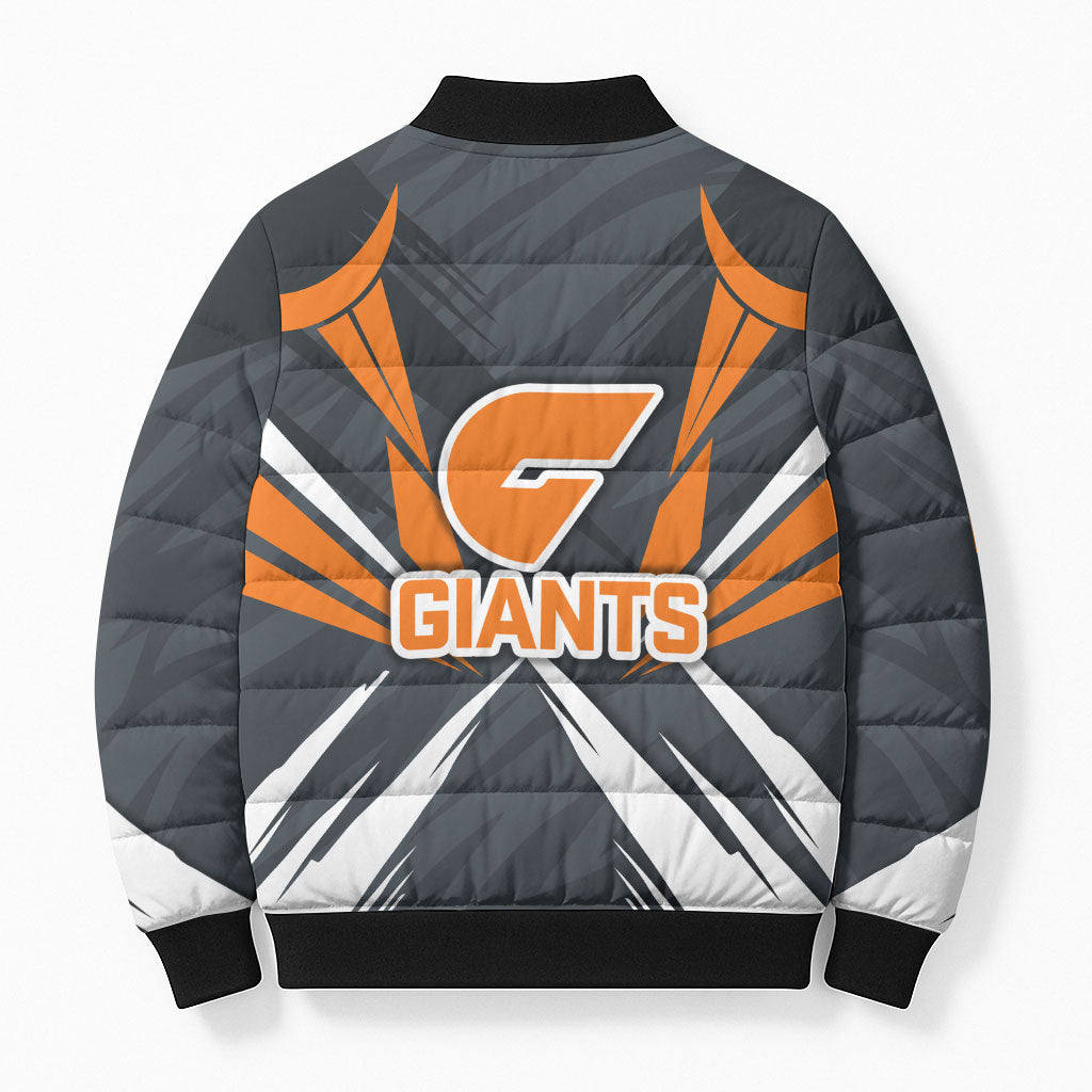 Greater Western Sydney Giants Australian Football Bomber Puffer Jacket Powerful Muscle Mascot With Geometric Sunburst Motion Art