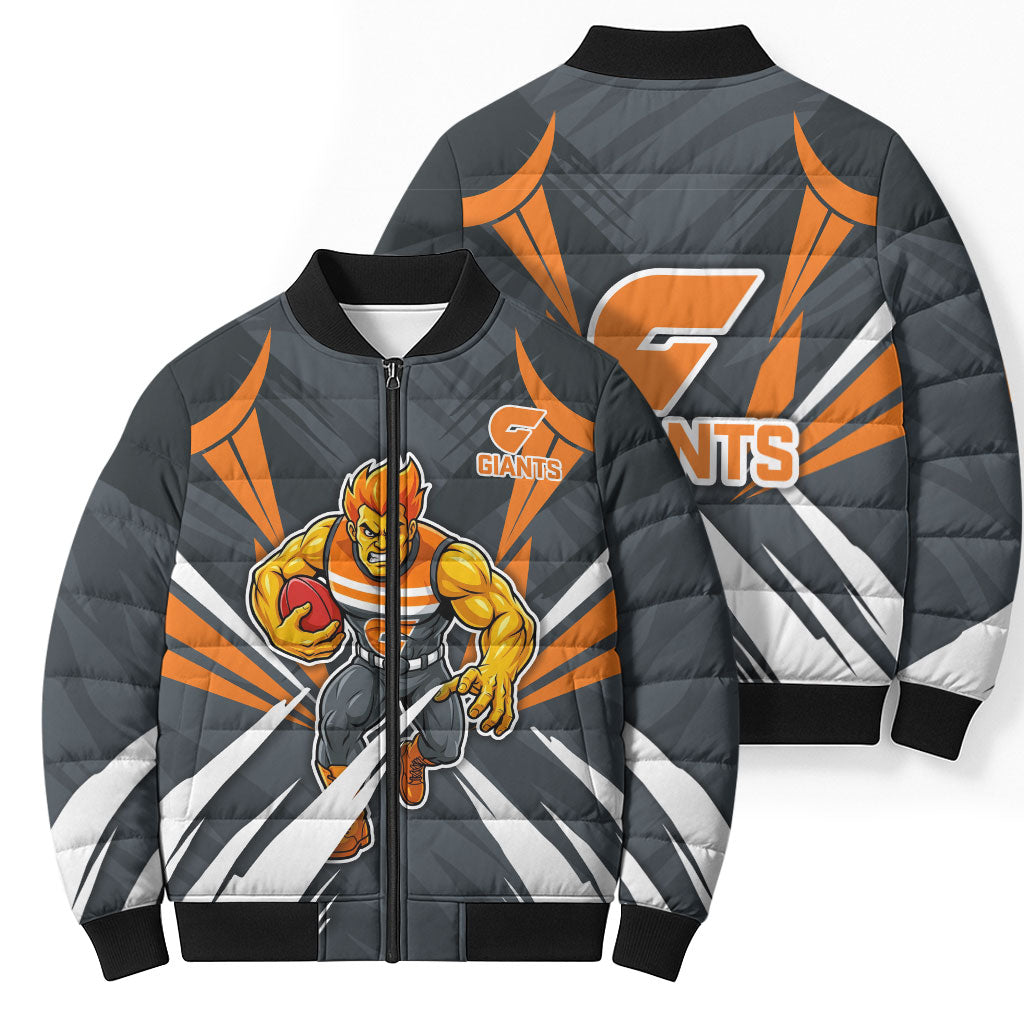 Greater Western Sydney Giants Australian Football Bomber Puffer Jacket Powerful Muscle Mascot With Geometric Sunburst Motion Art