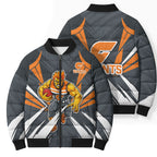 Greater Western Sydney Giants Australian Football Bomber Puffer Jacket Powerful Muscle Mascot With Geometric Sunburst Motion Art