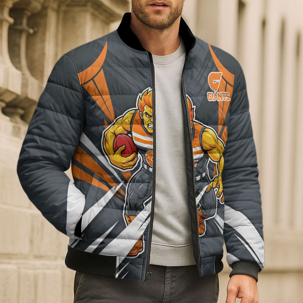 Greater Western Sydney Giants Australian Football Bomber Puffer Jacket Powerful Muscle Mascot With Geometric Sunburst Motion Art