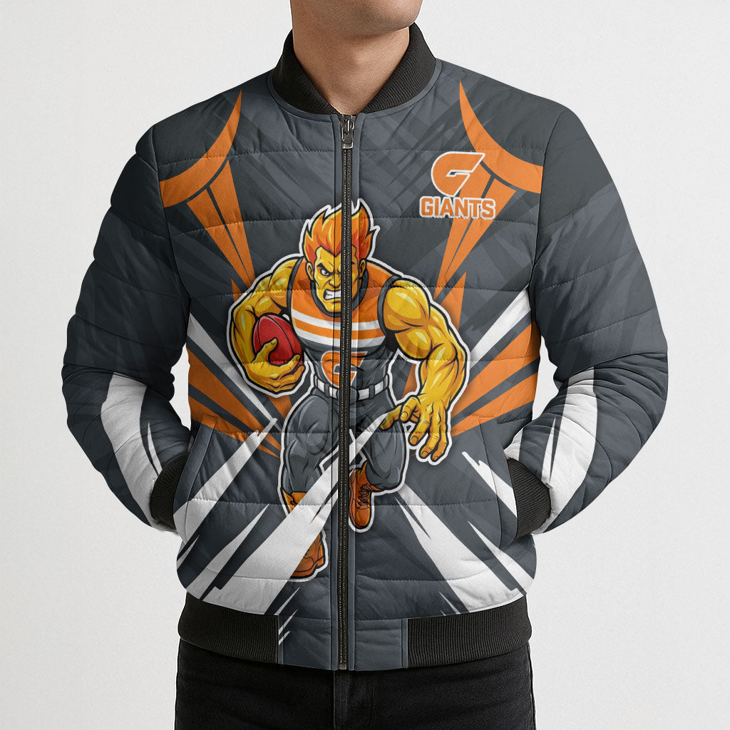 Greater Western Sydney Giants Australian Football Bomber Puffer Jacket Powerful Muscle Mascot With Geometric Sunburst Motion Art