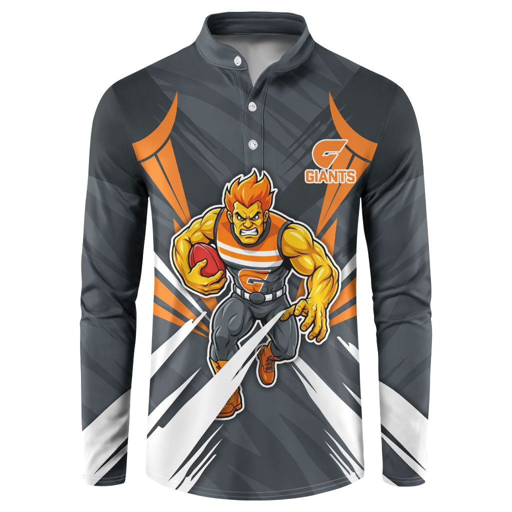 Greater Western Sydney Giants Australian Football Button Sweatshirt Powerful Muscle Mascot With Geometric Sunburst Motion Art