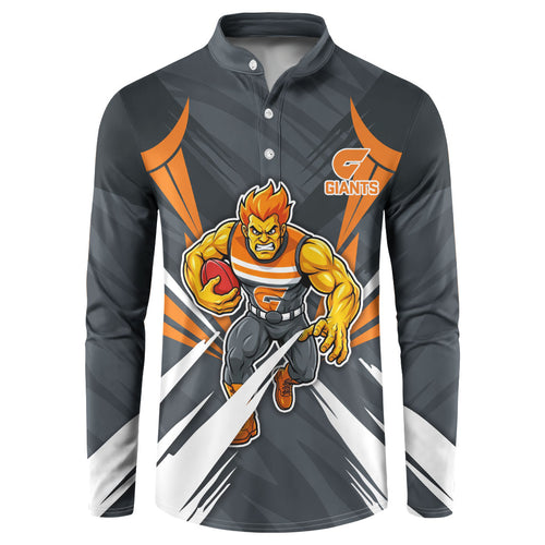 Greater Western Sydney Giants Australian Football Button Sweatshirt Powerful Muscle Mascot With Geometric Sunburst Motion Art